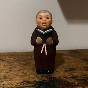 Vintage Ceramic Monk Figurine in Brown with Green Book